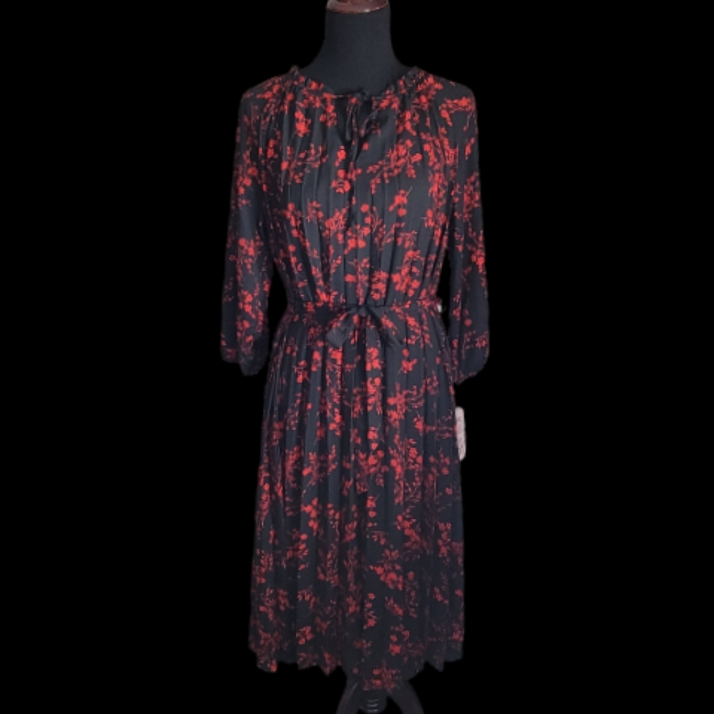 Nanette Lepore Floral Midi Dress Size 6 Black Red Pleated Tie Waist Long Sleeve - Picture 3 of 5